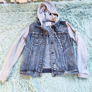 life in progress - Denim Knit Sleeve Hooded Jacket- Size: S